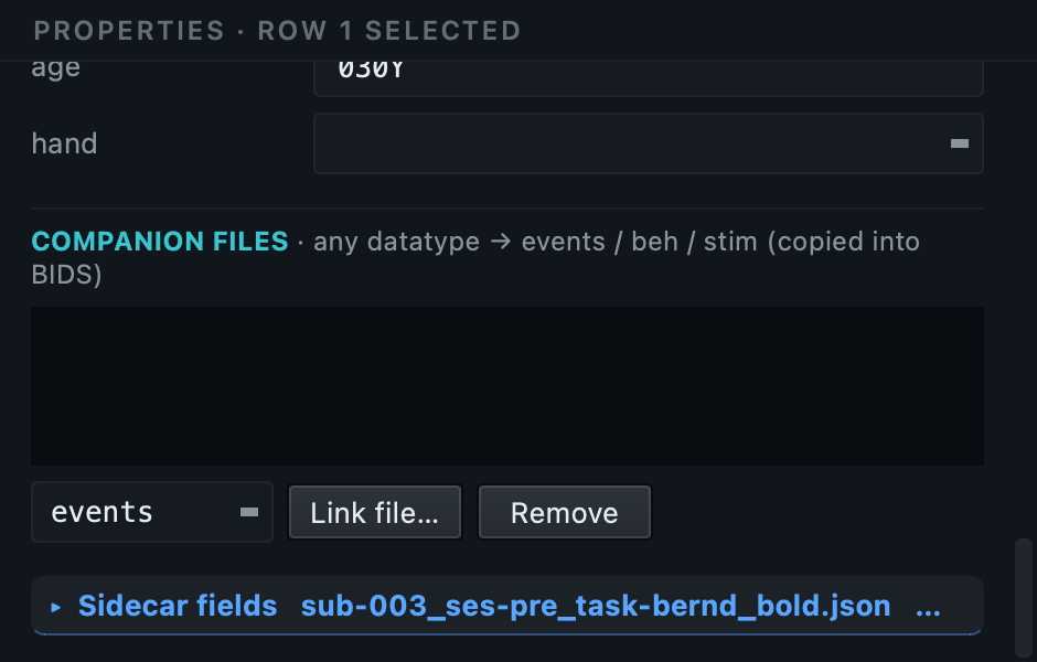 The companion files section of the properties panel, with a kind dropdown, a Link file button and a Remove button