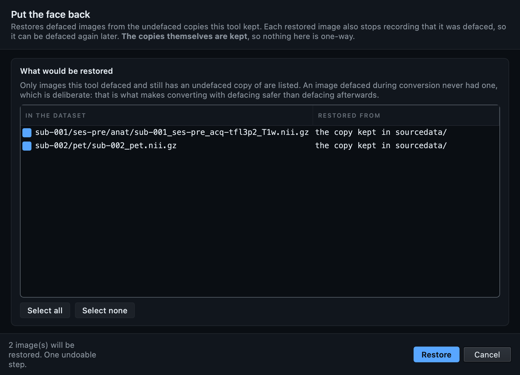 The restore dialog listing two defaced images and where each undefaced copy comes from