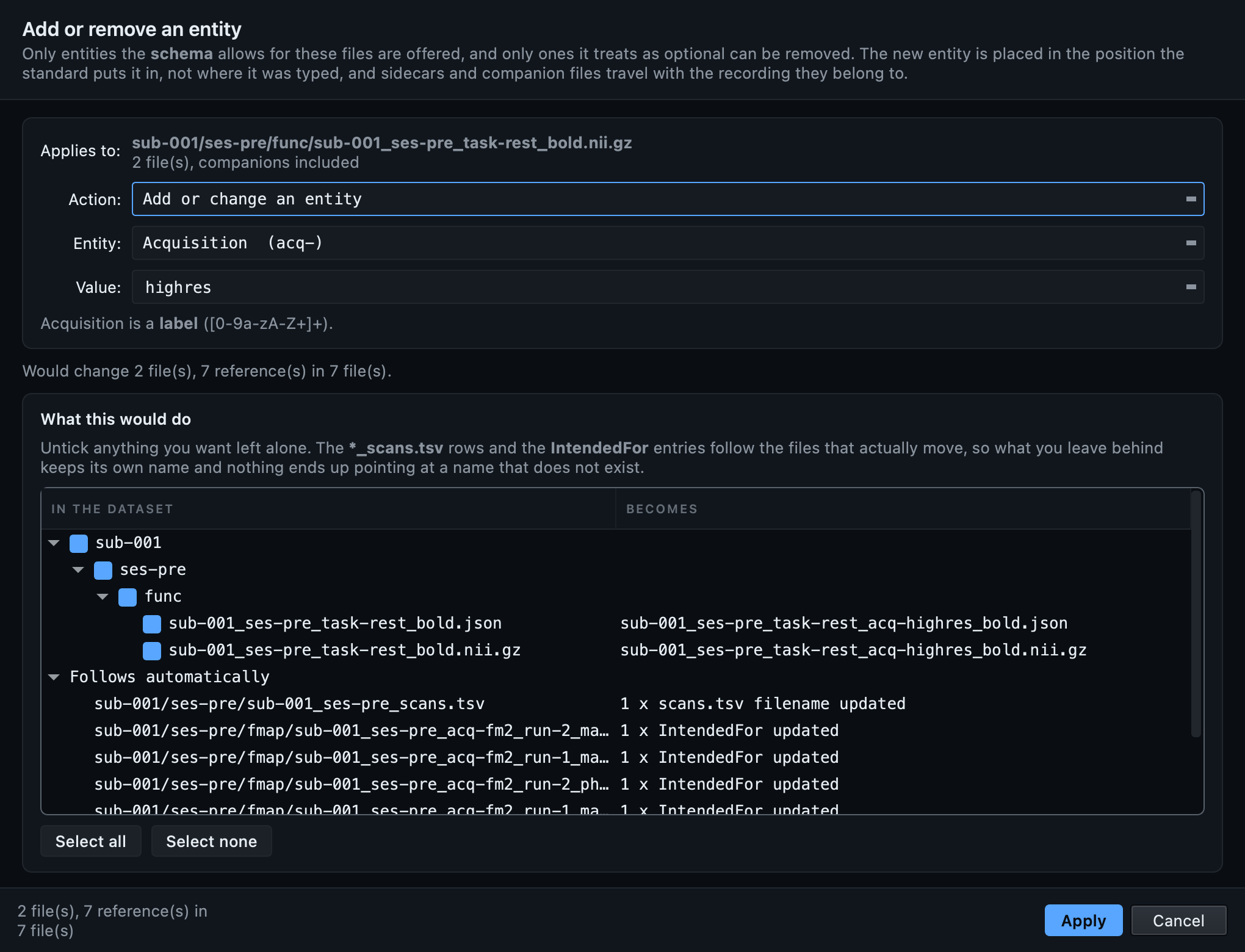 Adding an acquisition label to a functional run, with the plan already previewed