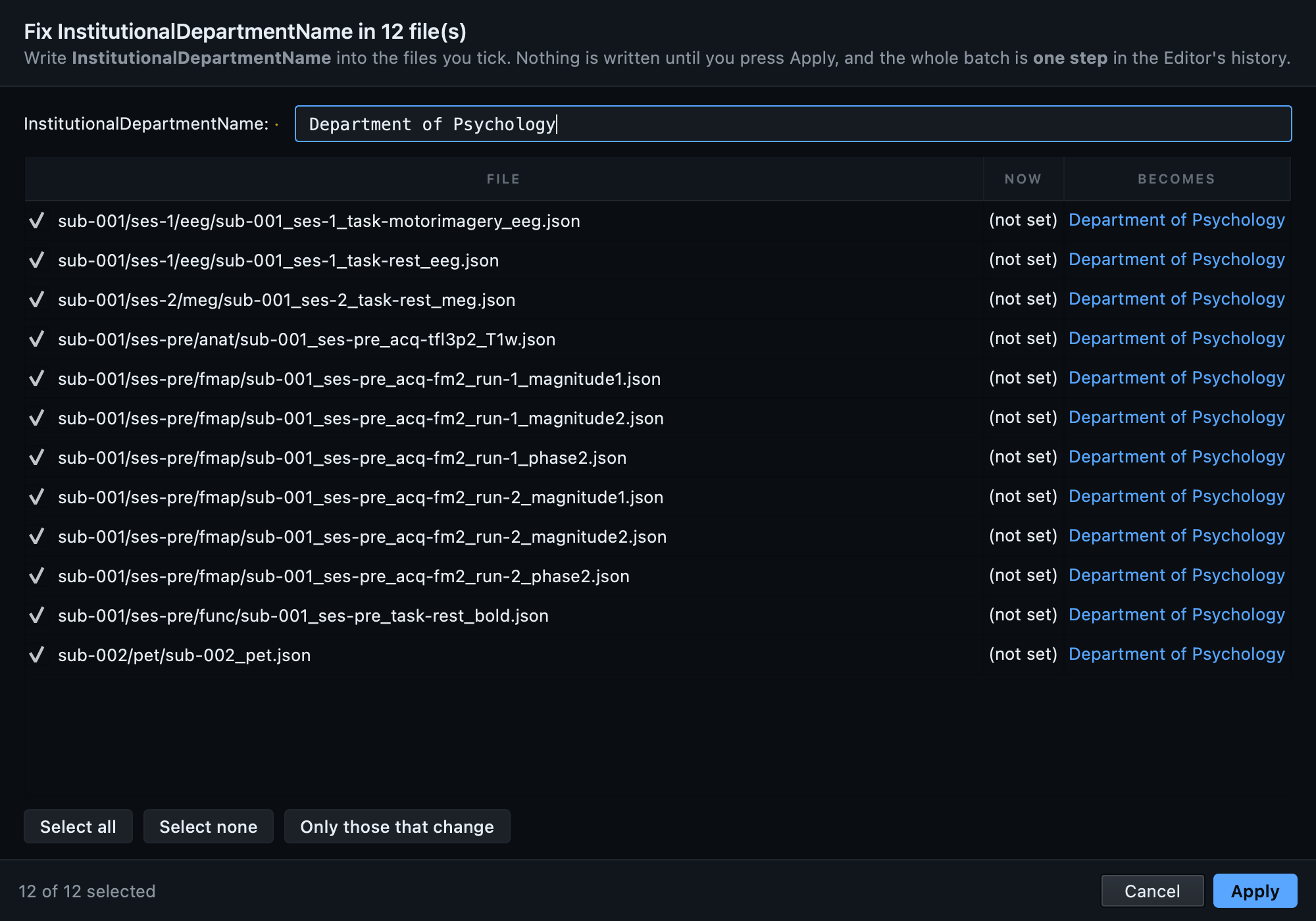 One finding and the twelve files it fired on, each showing its current value and what it would become