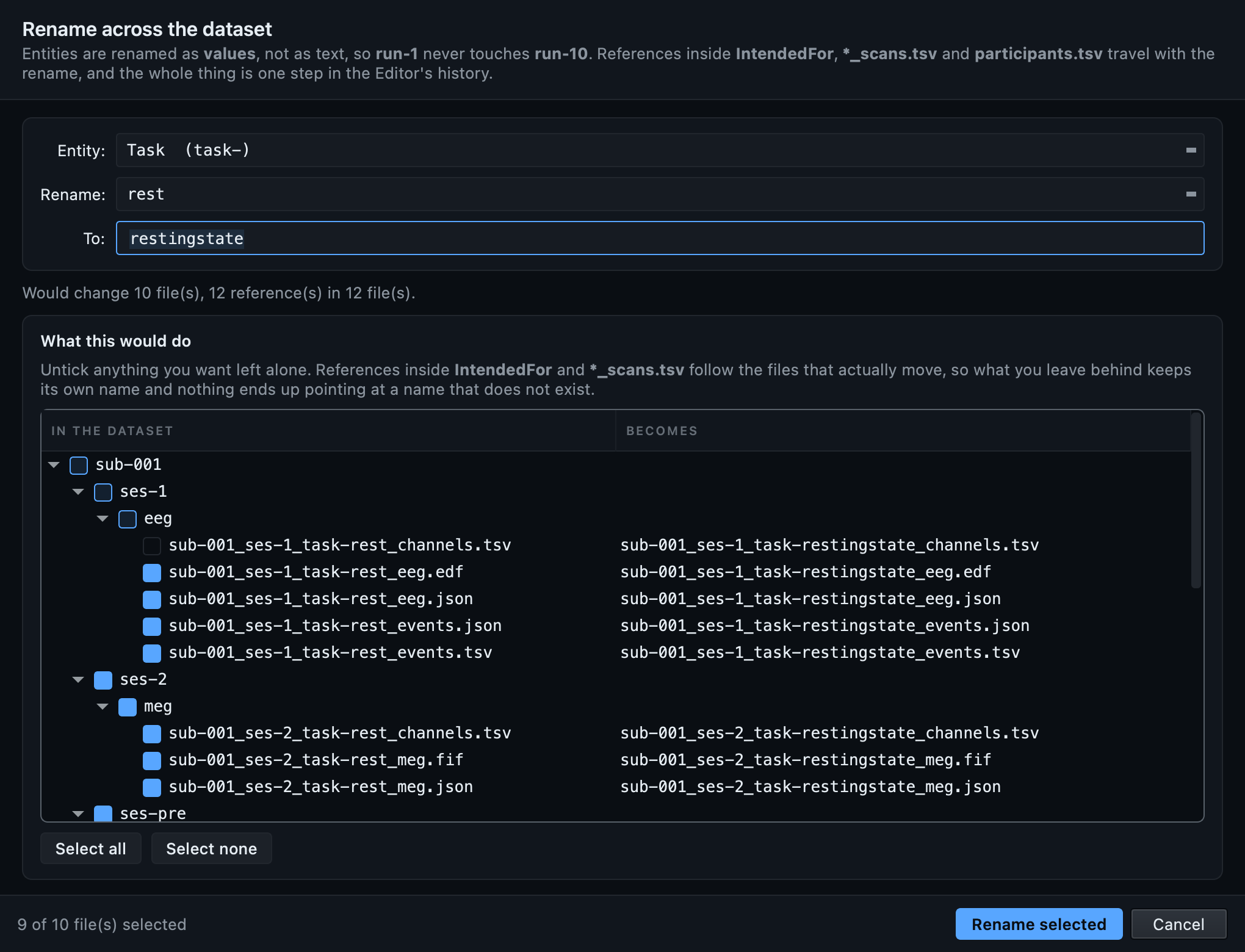 The preview tree nested by subject, session and datatype, with one file unticked and its folders shown part-selected