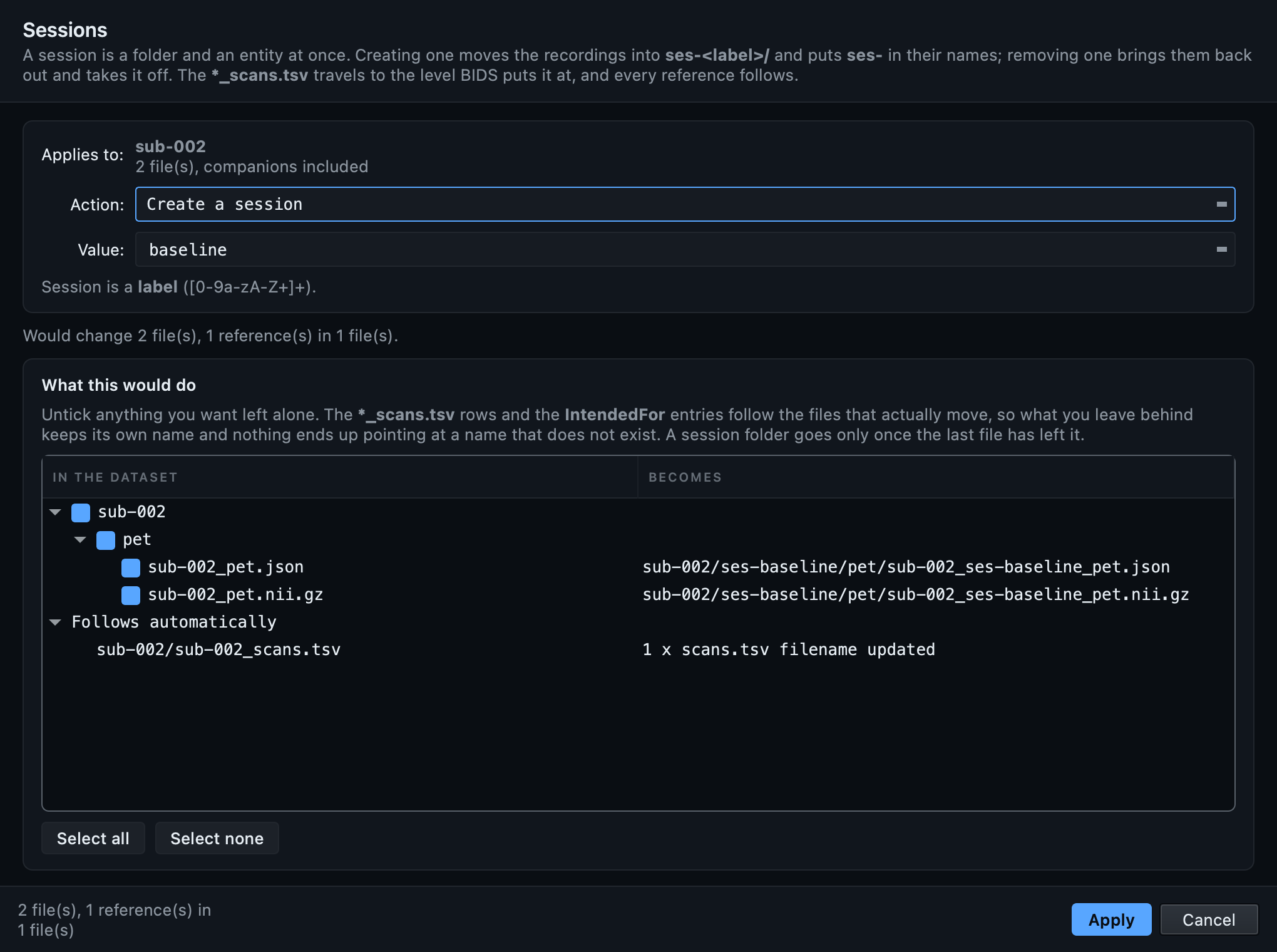 Creating a session, with the preview showing the whole destination path for each file