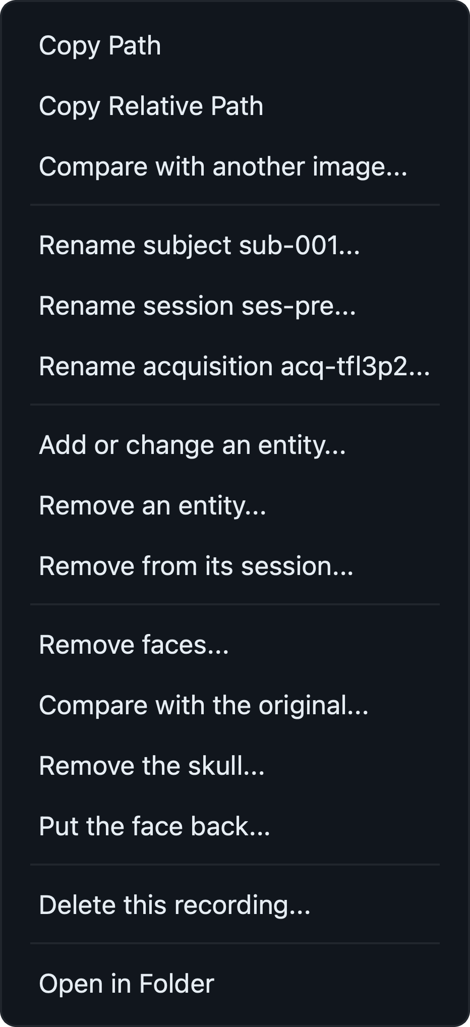 The tree right-click menu on an anatomical image, showing Remove faces, Compare with the original, Remove the skull and Put the face back