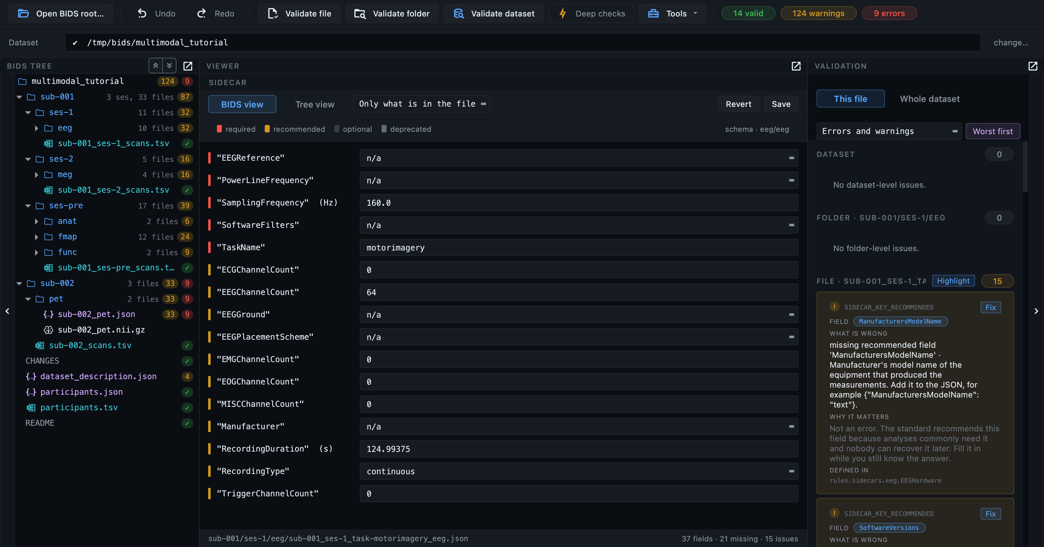 BIDS Manager Editor view: BIDS tree, sidecar form viewer, validation pane