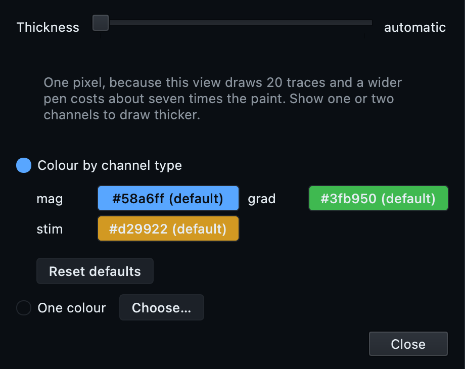 The Line dialog on a twenty-channel view, with the thickness slider disabled and a line of text explaining why