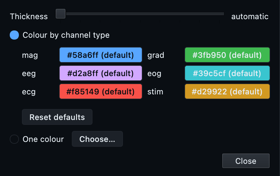 The Line dialog with a thickness slider and a colour swatch for each channel type, plus a Reset defaults button