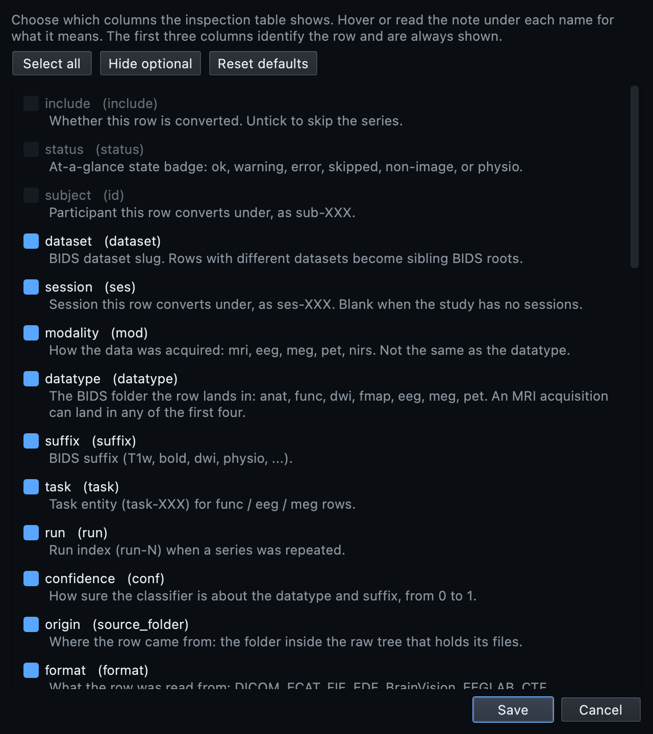 The Manage columns dialog listing every inventory column with its description and a Reset defaults button