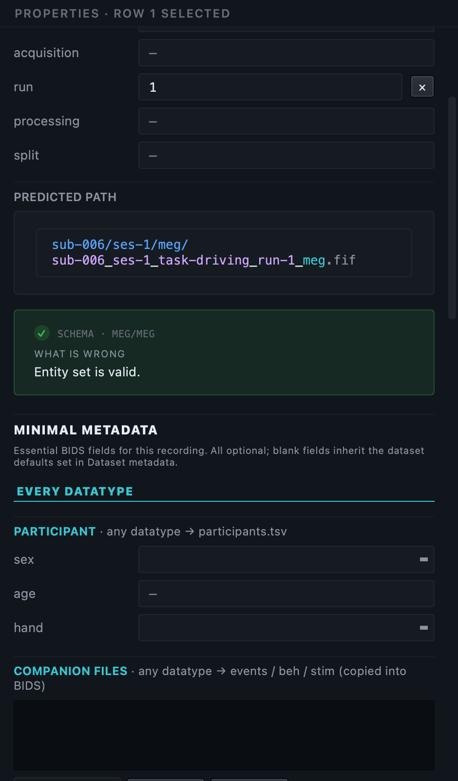 The properties panel on a MEG recording, with the predicted path, a valid entity set and the shared metadata region
