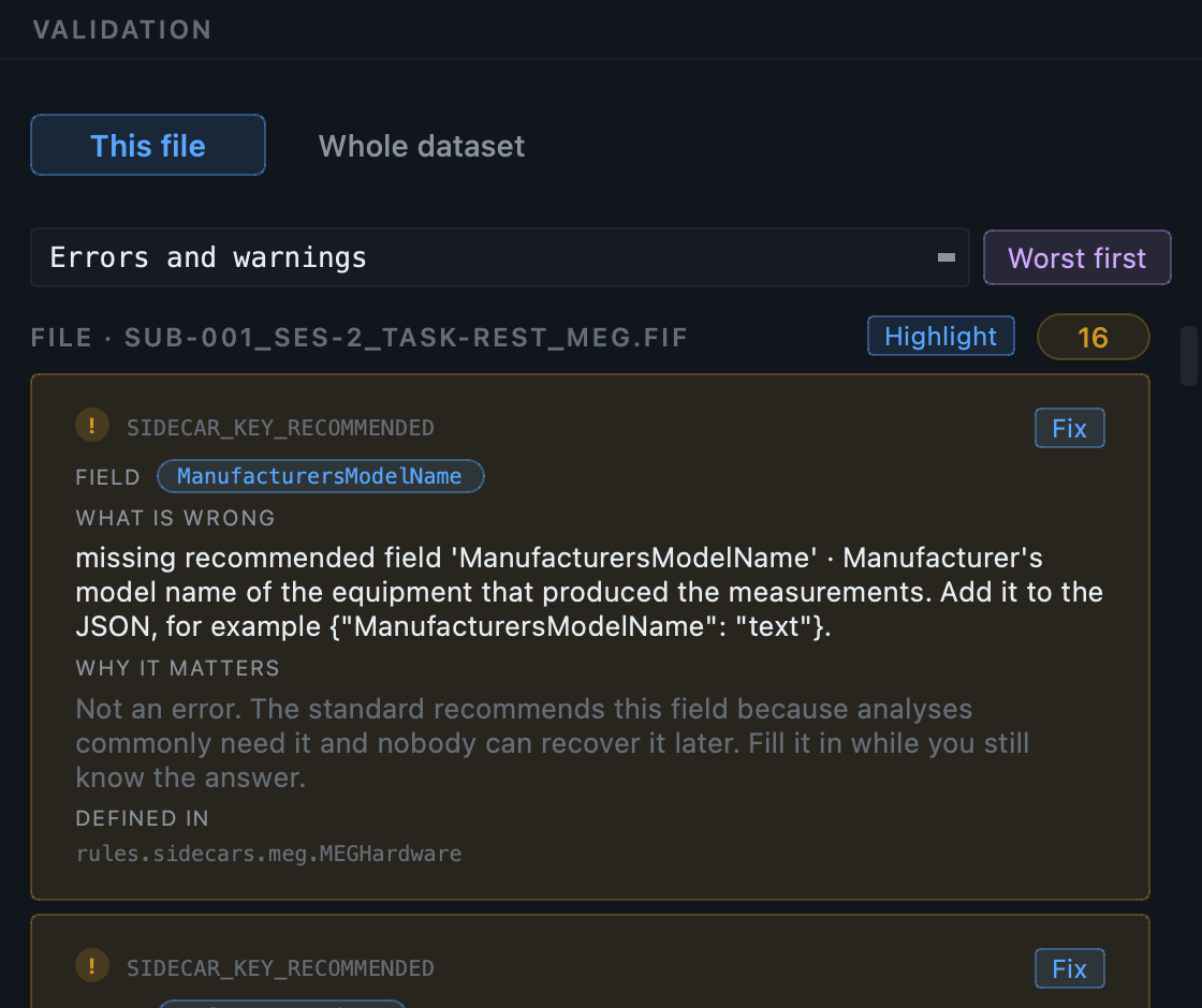 The Editor validation pane on the MEG recording of the converted multimodal dataset: no errors, one recommended field