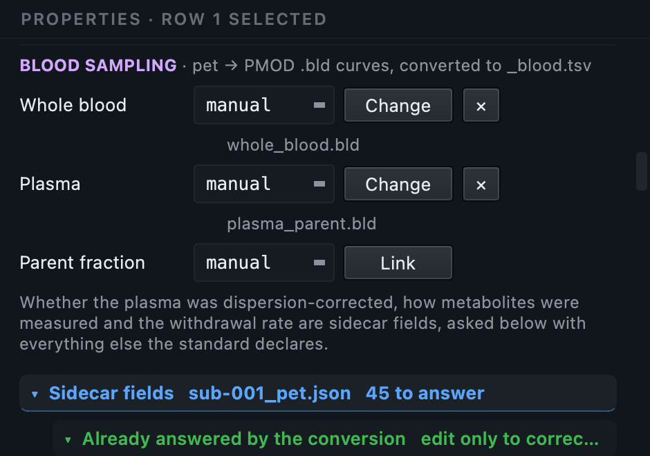 The blood sampling section of the properties panel, with whole blood, plasma and parent fraction each set to manual or autosampler