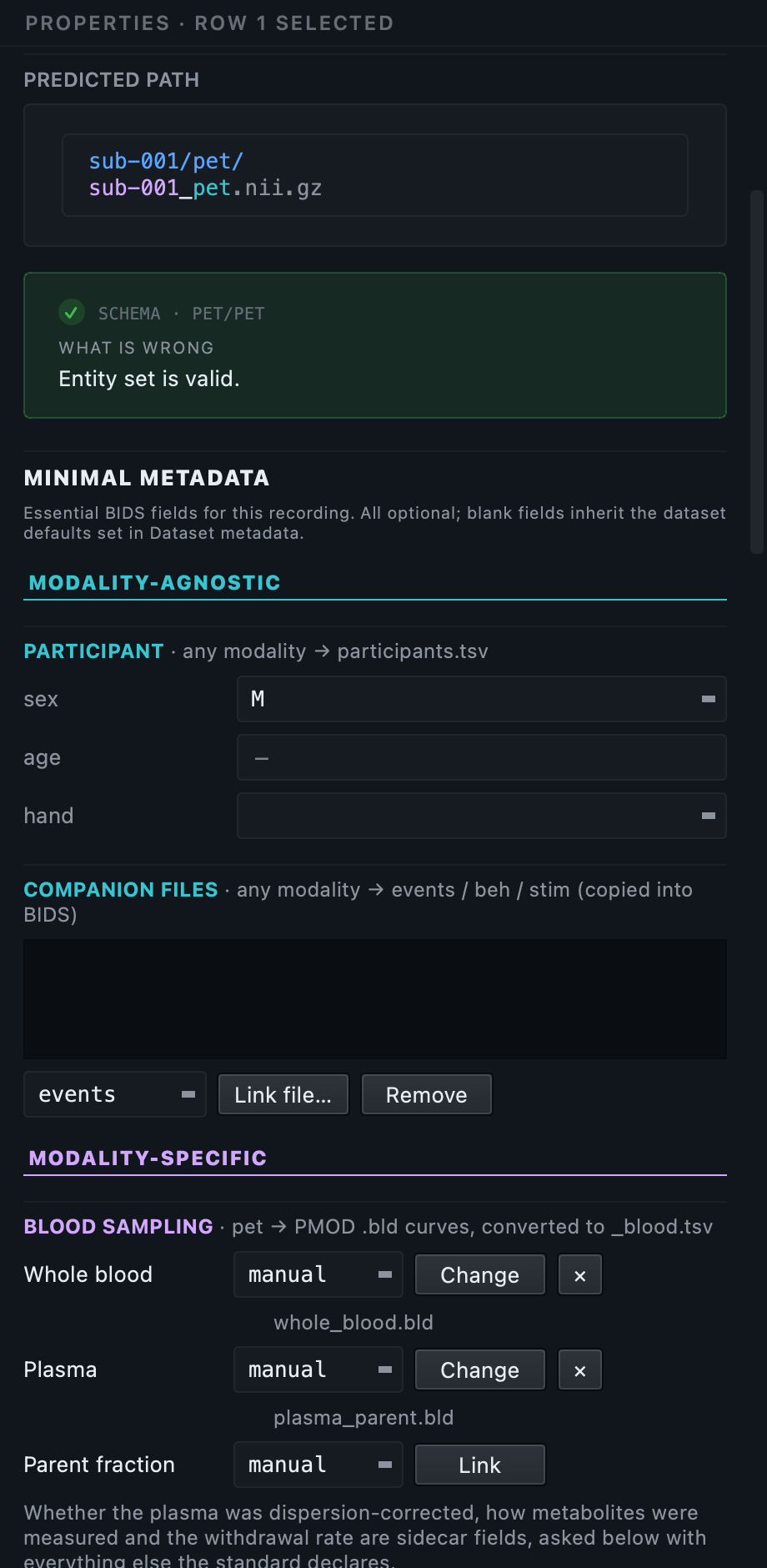 The properties panel on a PET run, with the tracer, radionuclide and dosage fields for this scan