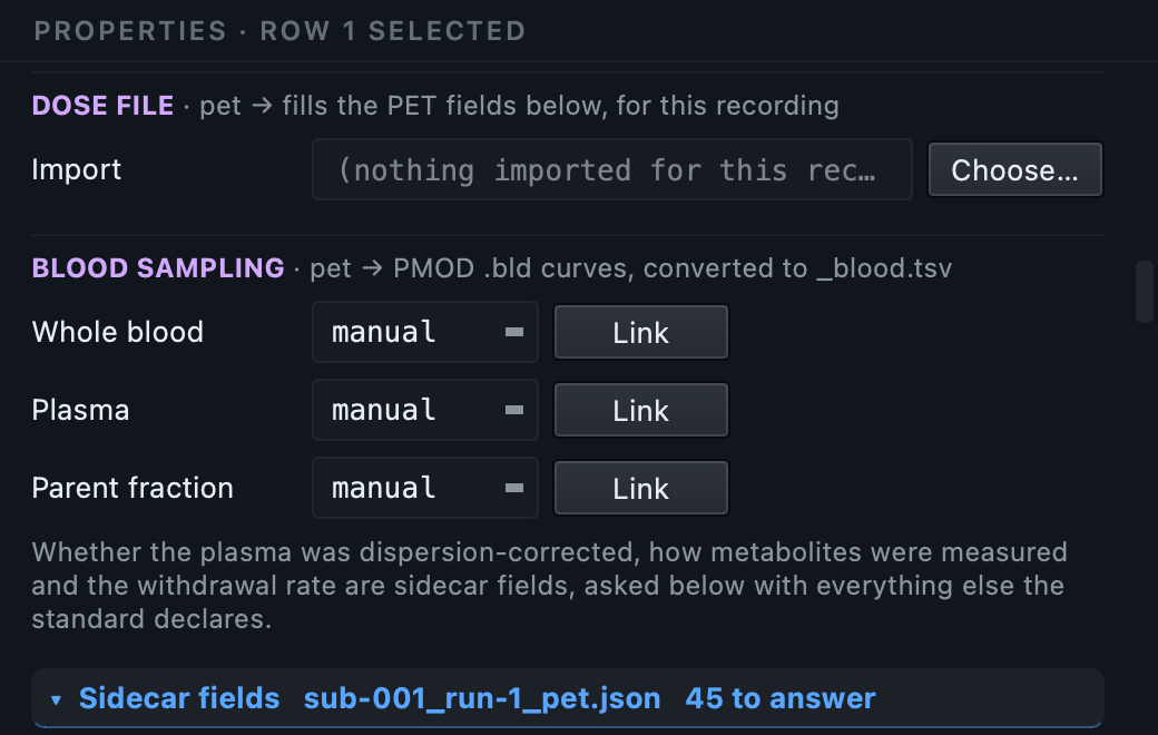 The dose file section of the per-row PET panel, sitting above the blood sampling section