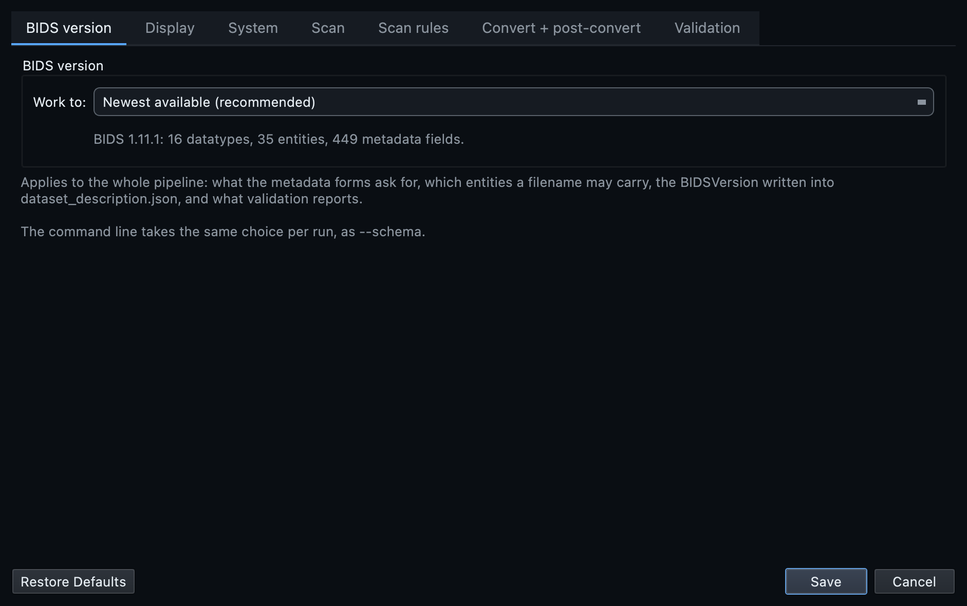 The BIDS version tab of the Settings dialog