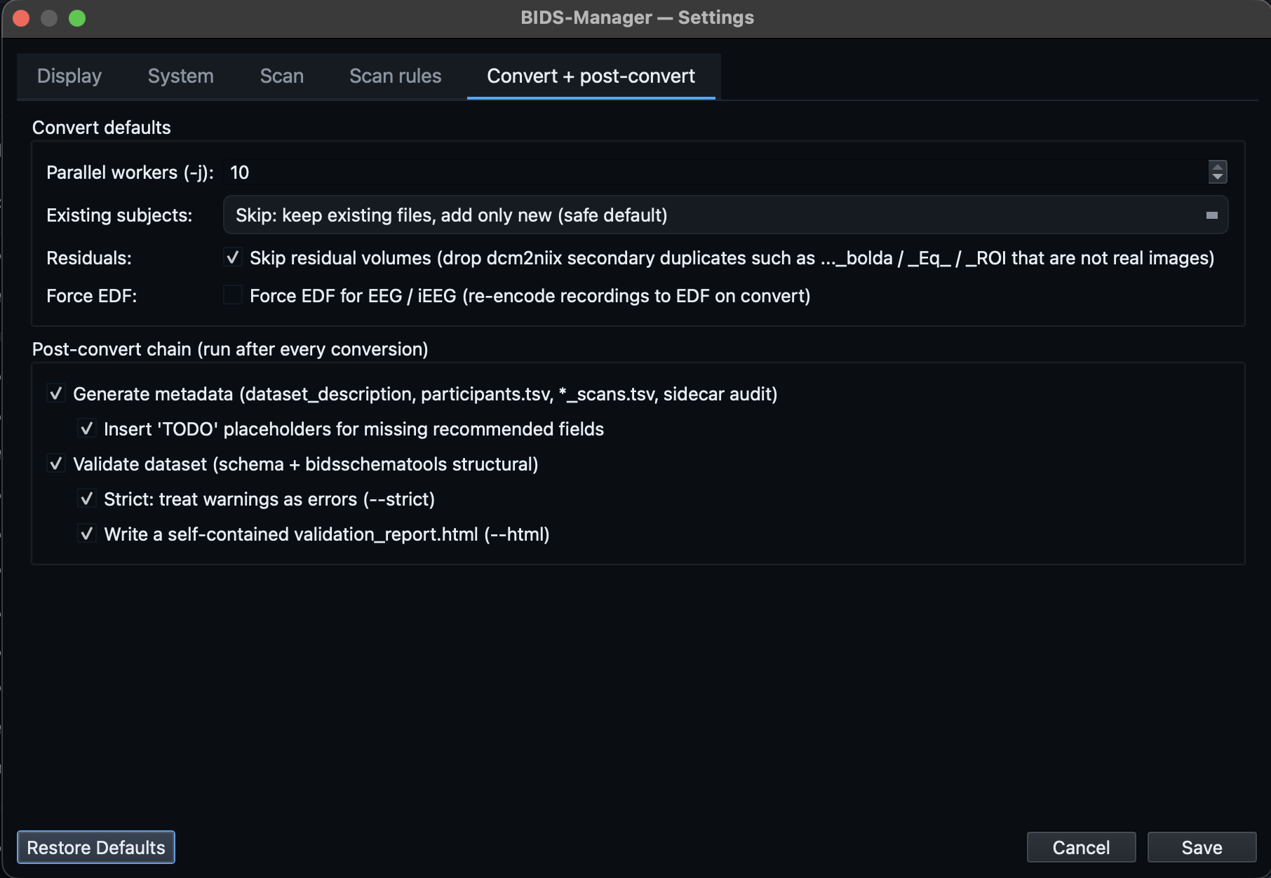 Convert and post-convert settings