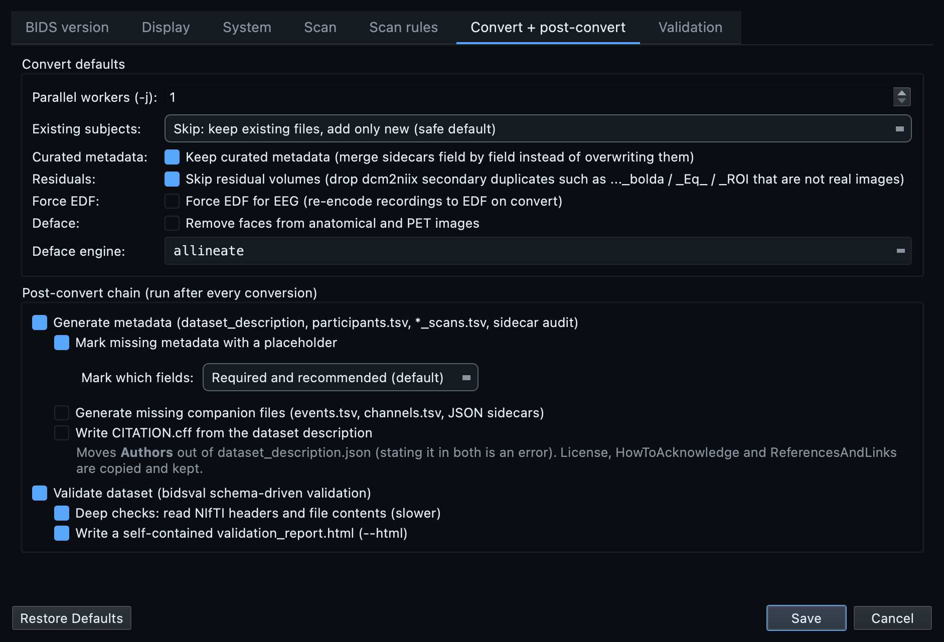 The Convert and post-convert tab of the Settings dialog, with the post-conversion chain as an indented list