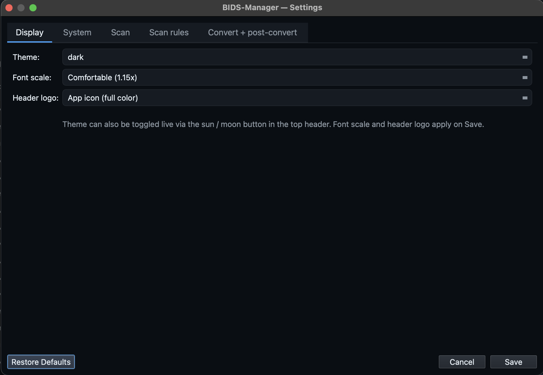 Display settings tab