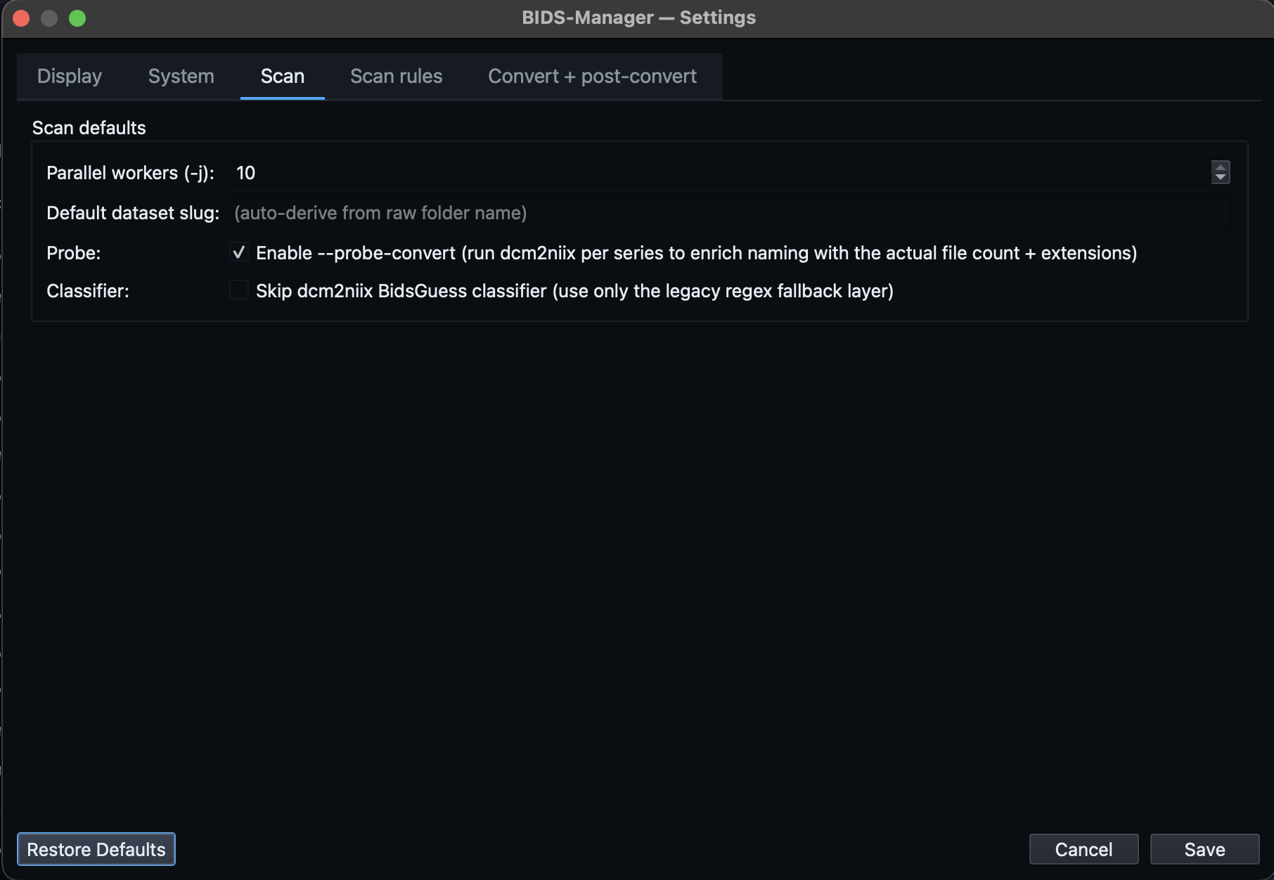 Scan settings tab