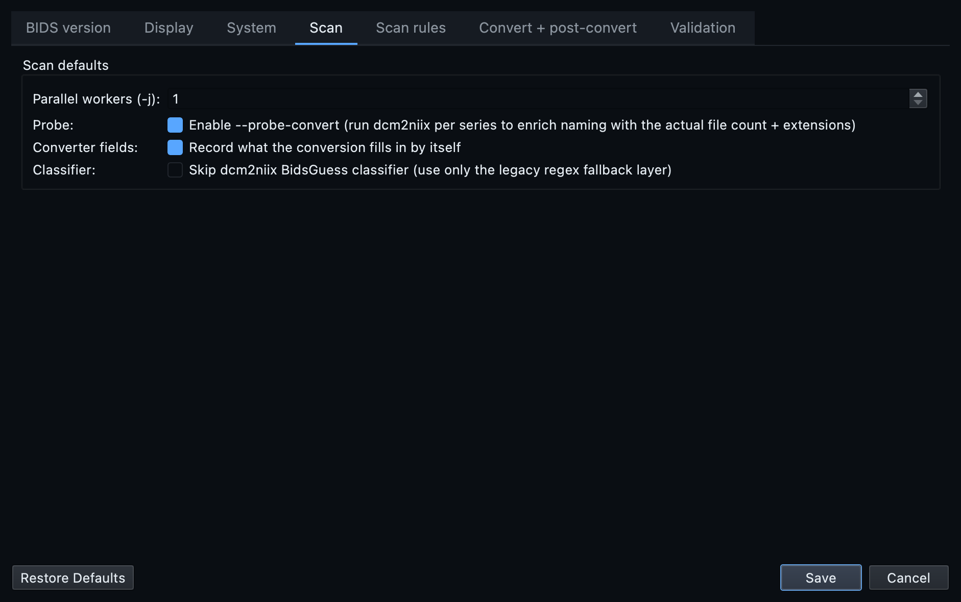 The Scan tab of the Settings dialog