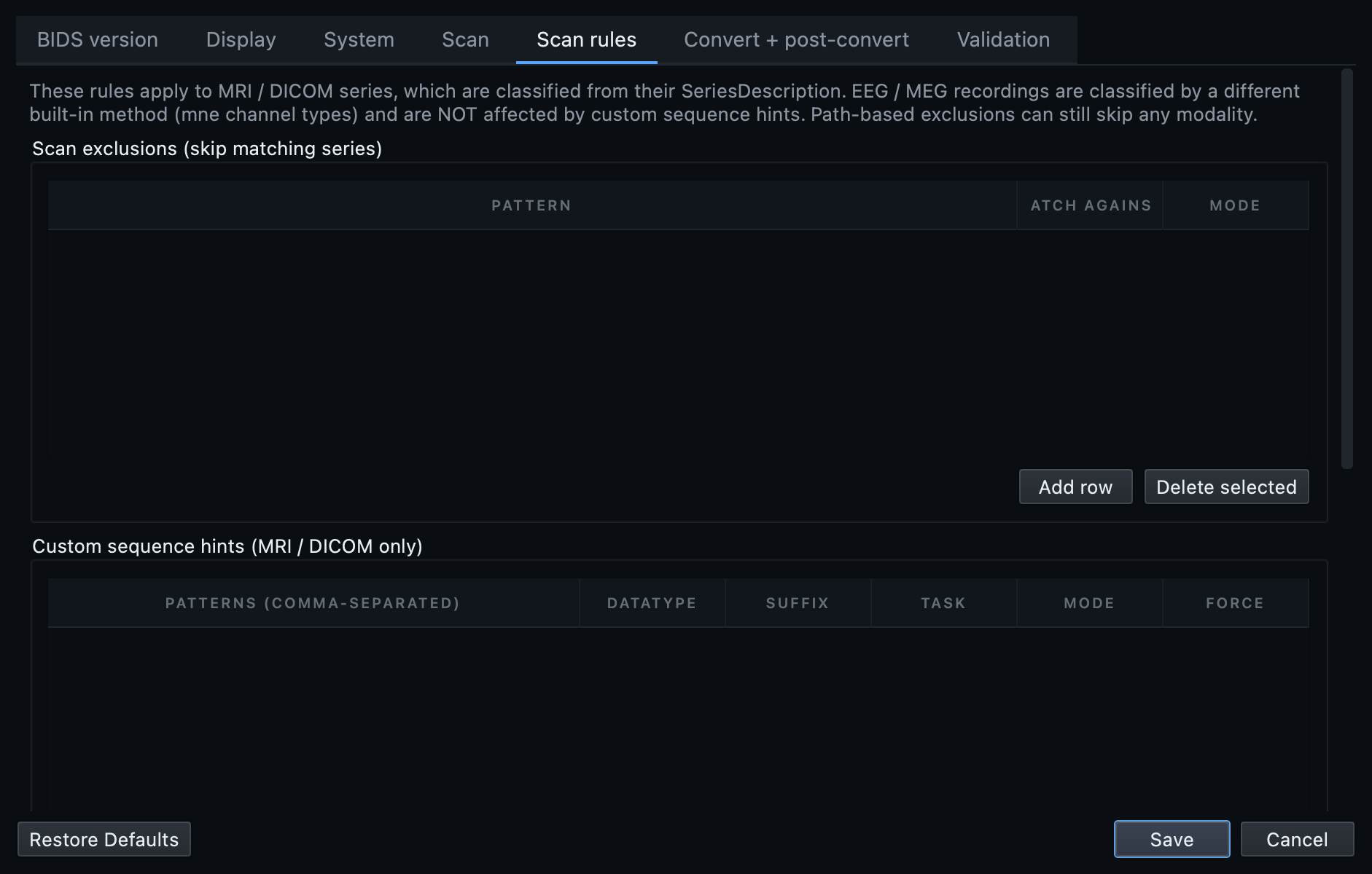 The Scan rules tab of the Settings dialog