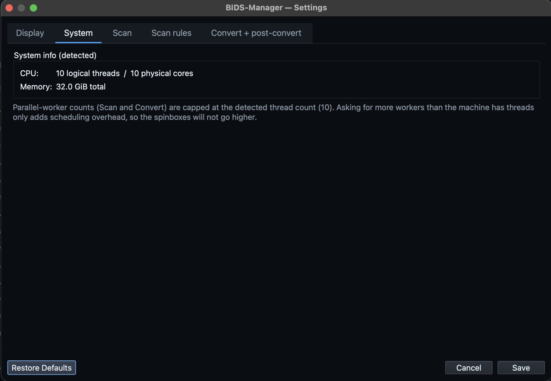 System info settings tab