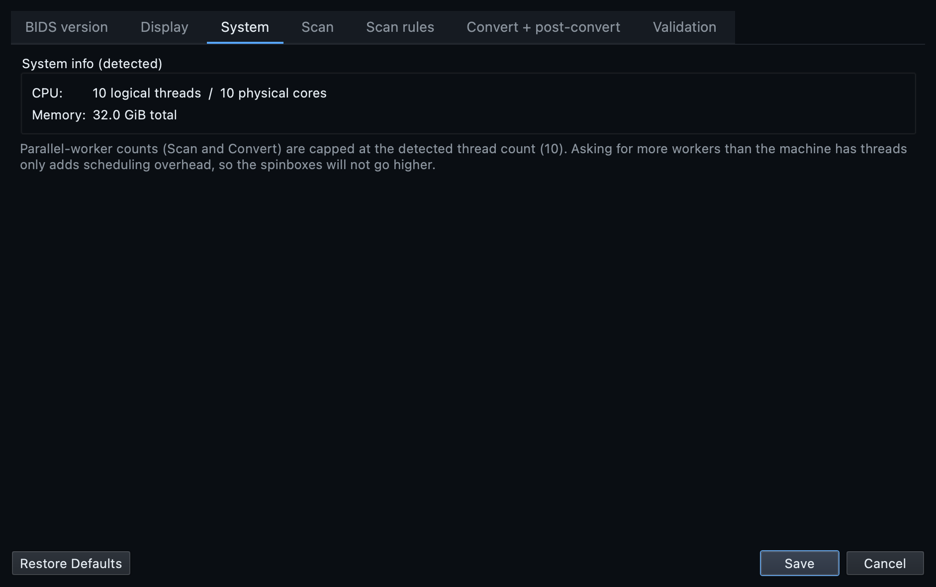 The System tab of the Settings dialog