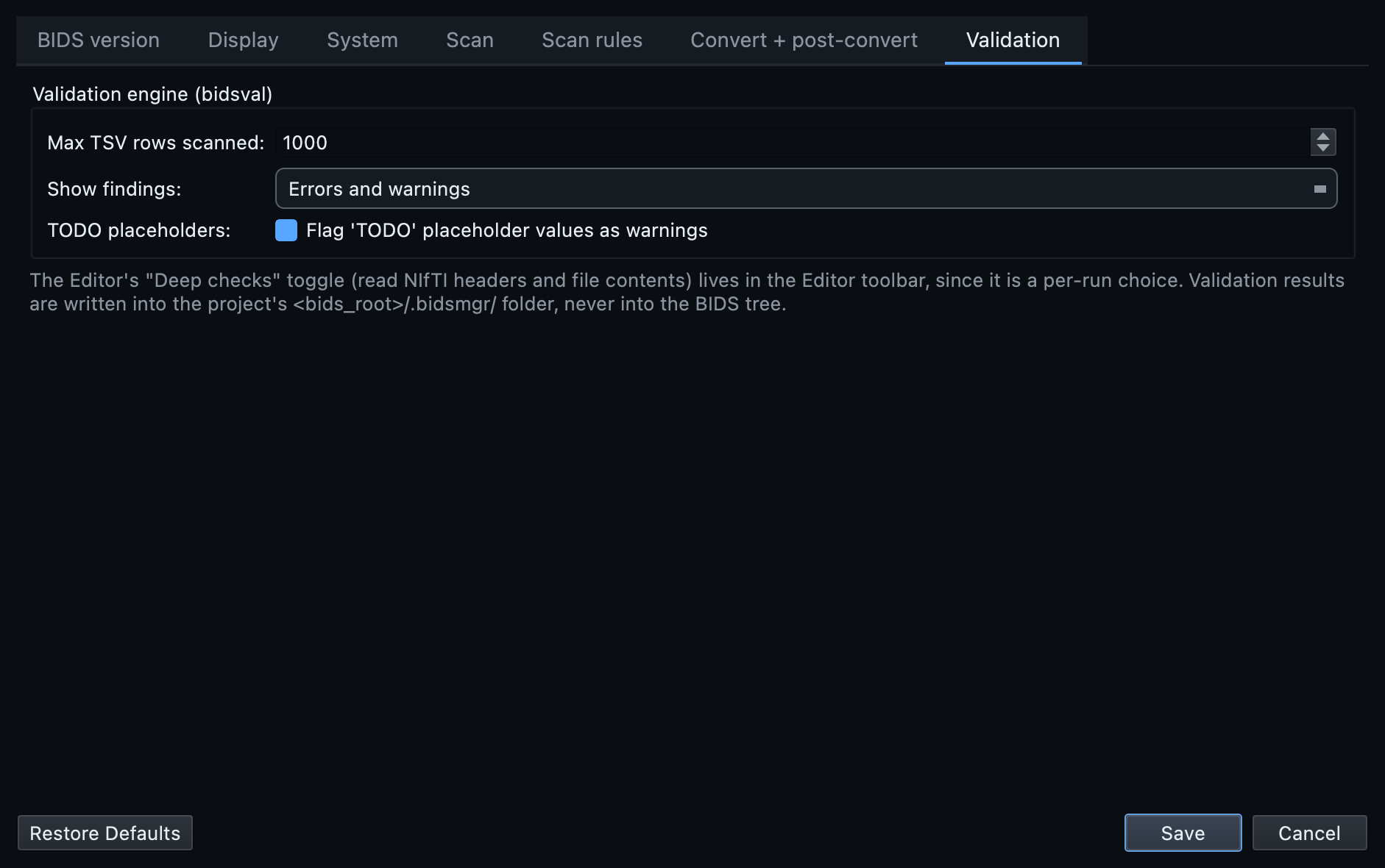 The Validation tab of the Settings dialog