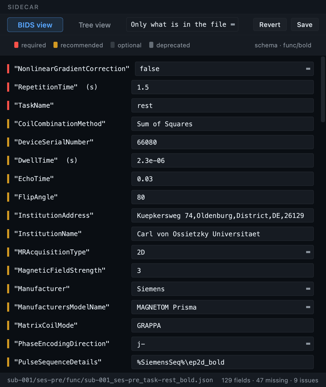 A JSON sidecar shown as a schema-aware form, with fields colour-coded by requirement level