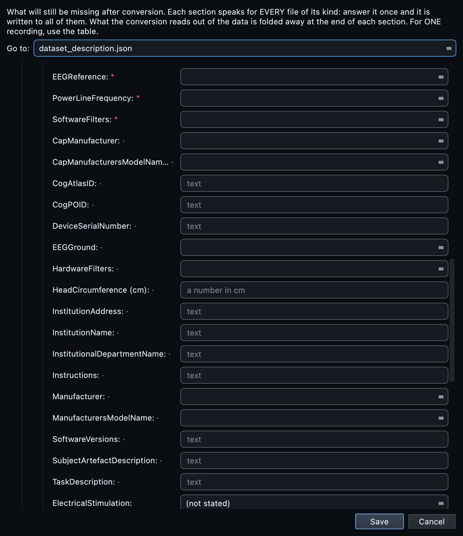 The EEG section of the template, with red asterisks on EEGReference, PowerLineFrequency and SoftwareFilters