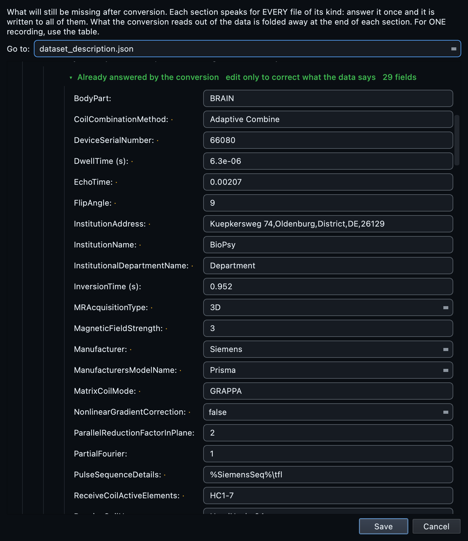 The MRI section of the template with the green already-answered block open, showing 29 fields filled from the DICOM header