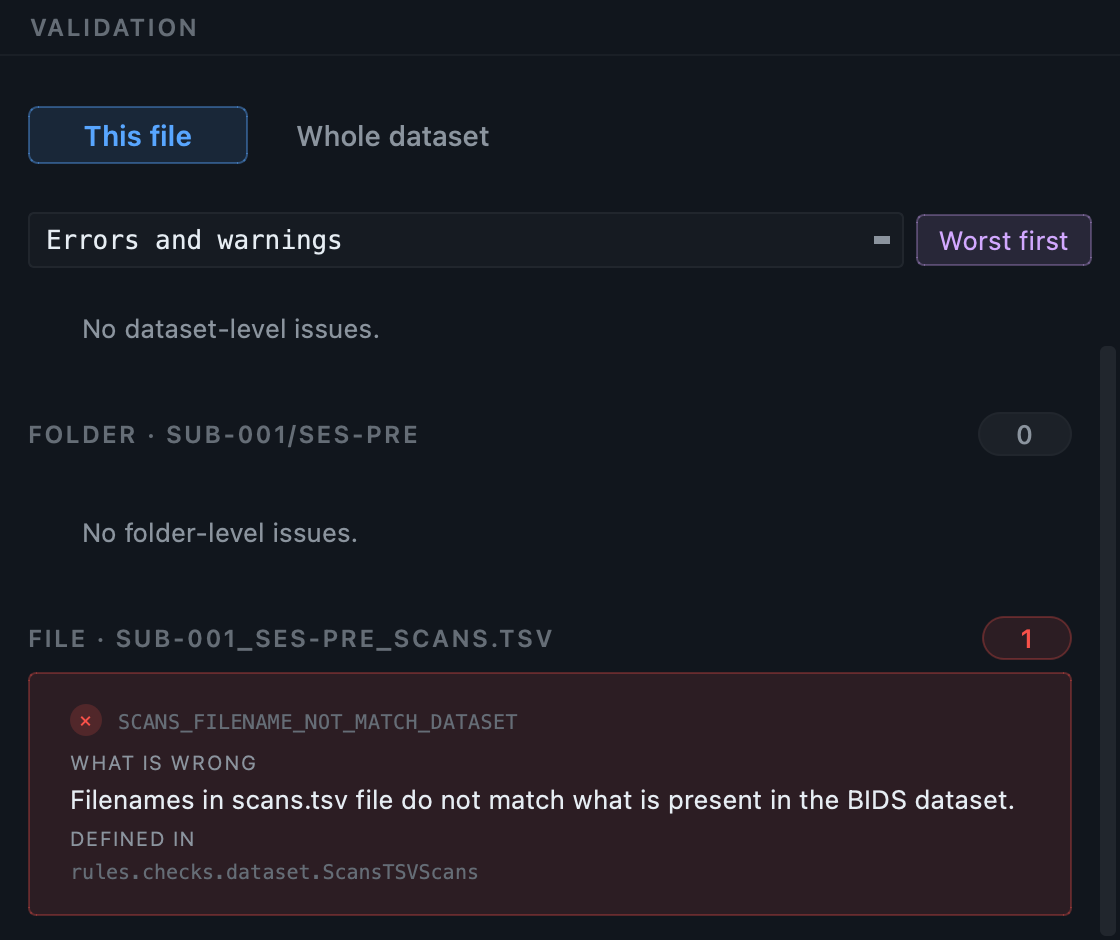 A validation error: the paths listed in scans.tsv no longer match the files in the dataset