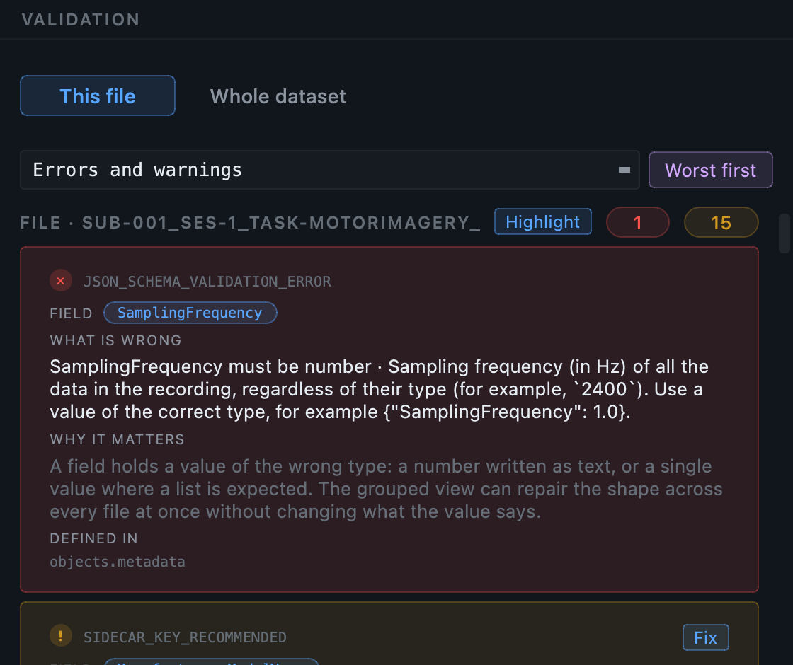 Two errors on an EEG sidecar, each naming the field and the type the standard expects