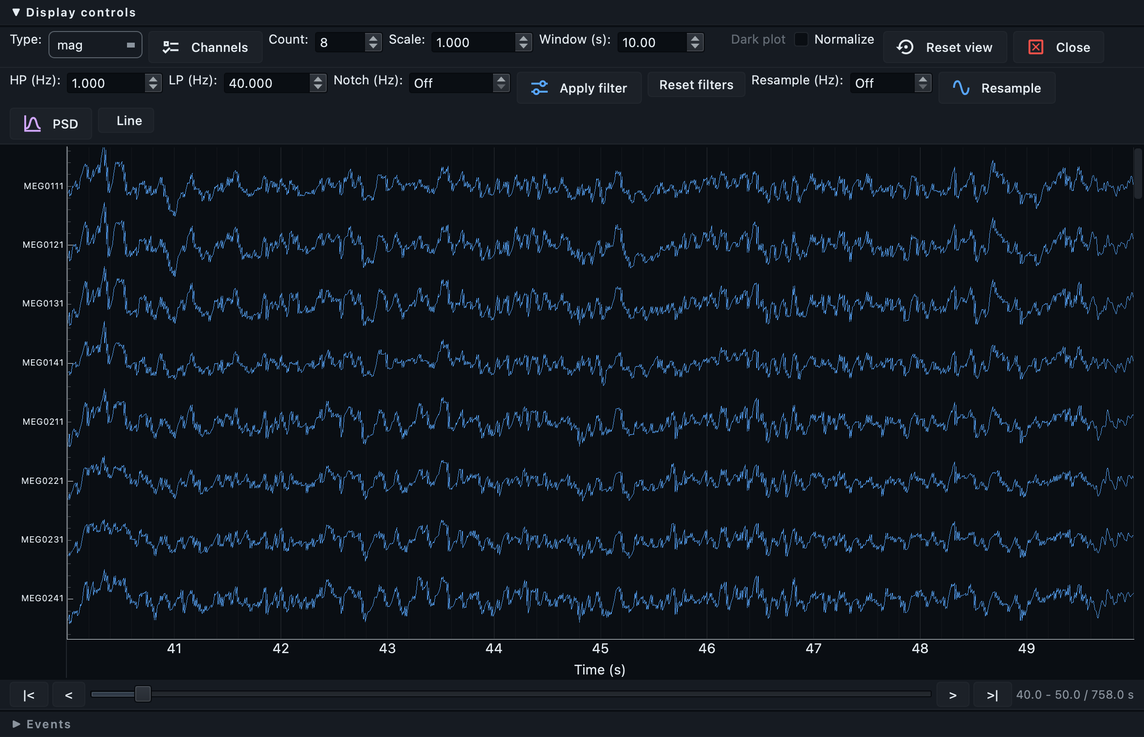 The signal viewer showing eight band-passed magnetometer traces with the filter, channel and window controls above them