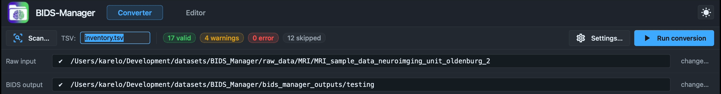 Screen recording of the Scan step in the BIDS Manager Converter view: pressing Scan and watching the chips tick up to 21 valid / 0 warnings / 0 error / 12 skipped on the MRI 2 sample.