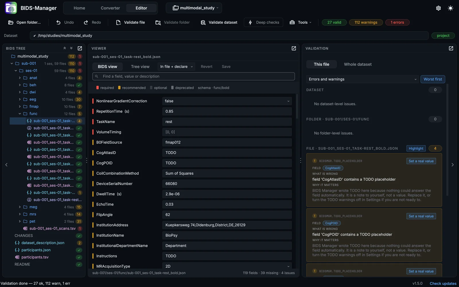 The Editor on the converted sample: the toolbar, the dataset's path, the BIDS tree with its validation marks, the BOLD run's sidecar as a form, and its findings.