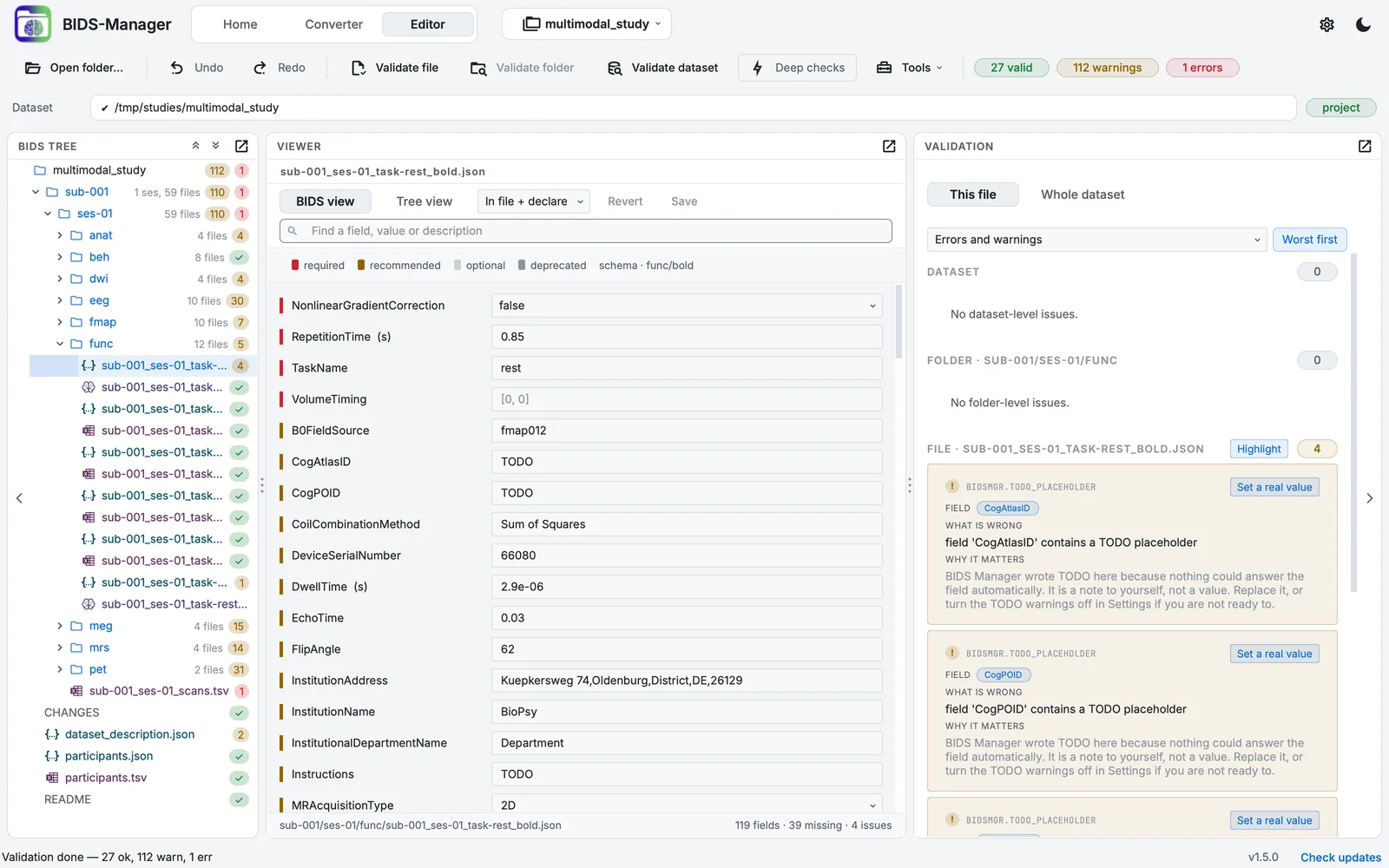The Editor on the converted sample: the toolbar, the dataset's path, the BIDS tree with its validation marks, the BOLD run's sidecar as a form, and its findings.