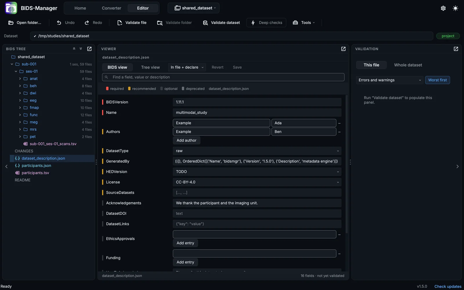 The same dataset opened as a project: BIDS Manager added its .bidsmgr folder, and every tool of the Editor is available.