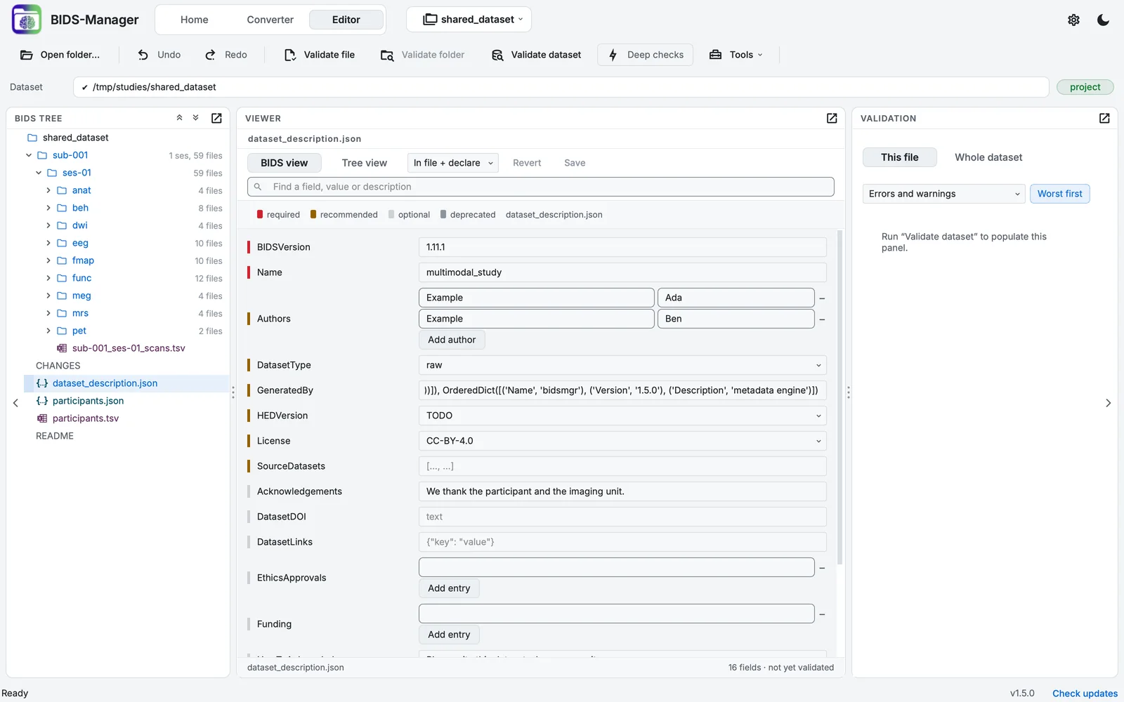 The same dataset opened as a project: BIDS Manager added its .bidsmgr folder, and every tool of the Editor is available.