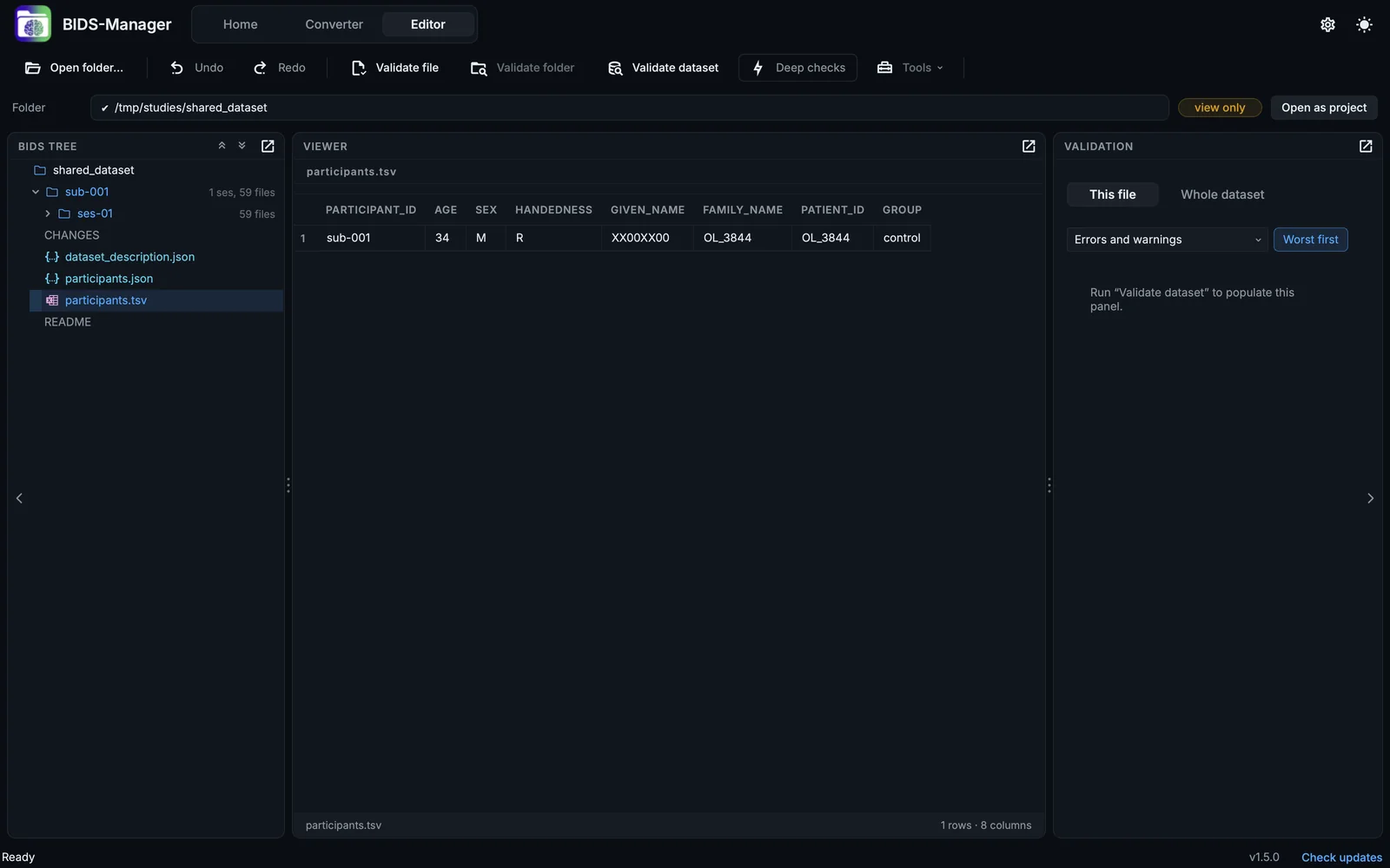 A BIDS dataset made elsewhere, open in the Editor to view only: the path bar says so, and offers Open as project.
