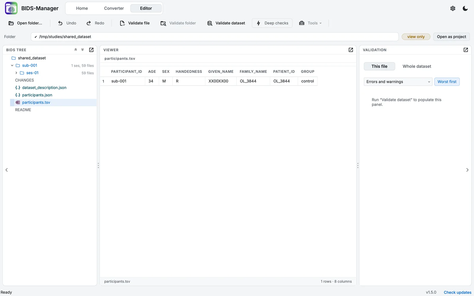 A BIDS dataset made elsewhere, open in the Editor to view only: the path bar says so, and offers Open as project.