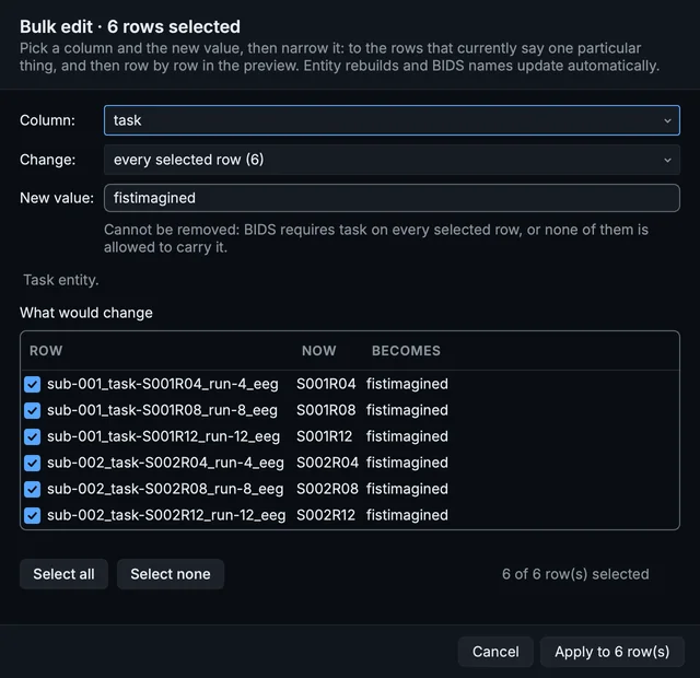 Bulk edit with the six recordings of the imagined fist task selected (runs 4, 8 and 12 of both participants): the task set to fistimagined.