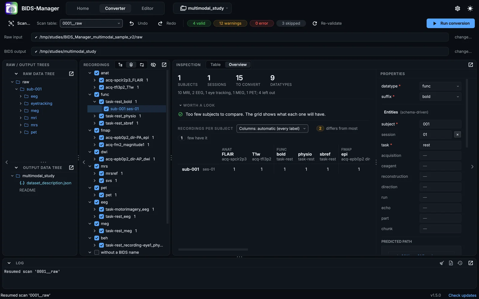 The Converter after curation: the Recordings view lists each kind of recording, and the Overview counts one subject, one session and fifteen recordings, with nothing worth a look.