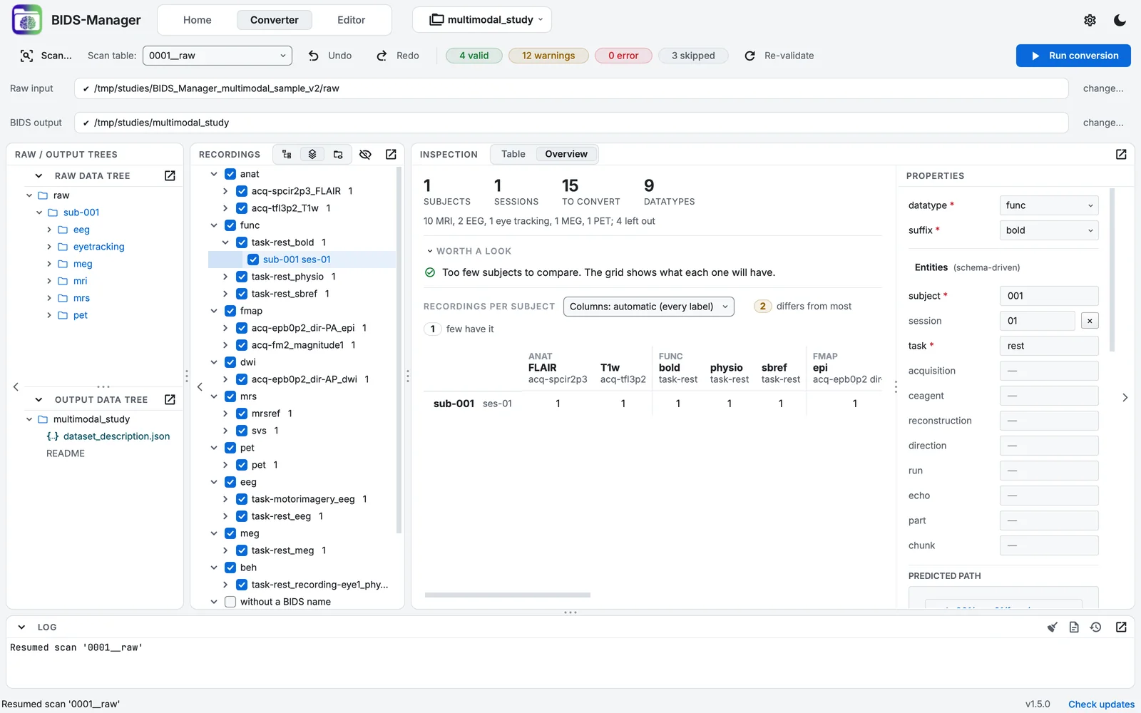 The Converter after curation: the Recordings view lists each kind of recording, and the Overview counts one subject, one session and fifteen recordings, with nothing worth a look.