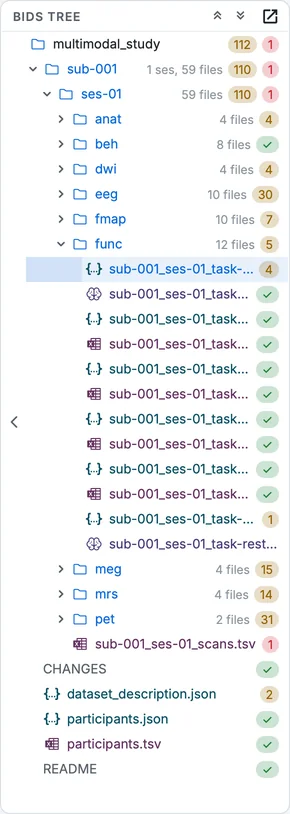 The converted sample in the Editor's BIDS tree: one subject, one session, nine datatype folders, each with how many files it holds.