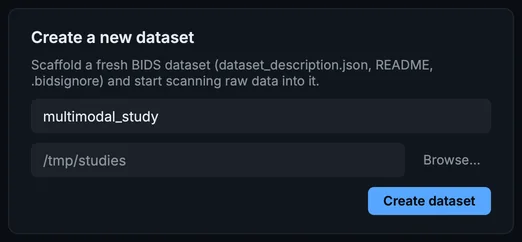 The Create a new dataset card on Home, with the name multimodal_study and the location /tmp/studies.