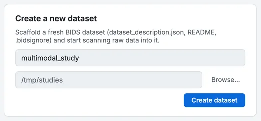 The Create a new dataset card on Home, with the name multimodal_study and the location /tmp/studies.
