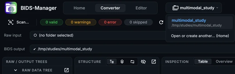 The project switcher's menu: the open project with its folder, and the recent projects to switch to.