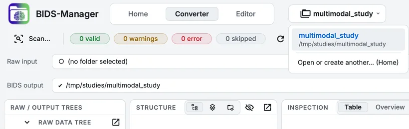The project switcher's menu: the open project with its folder, and the recent projects to switch to.