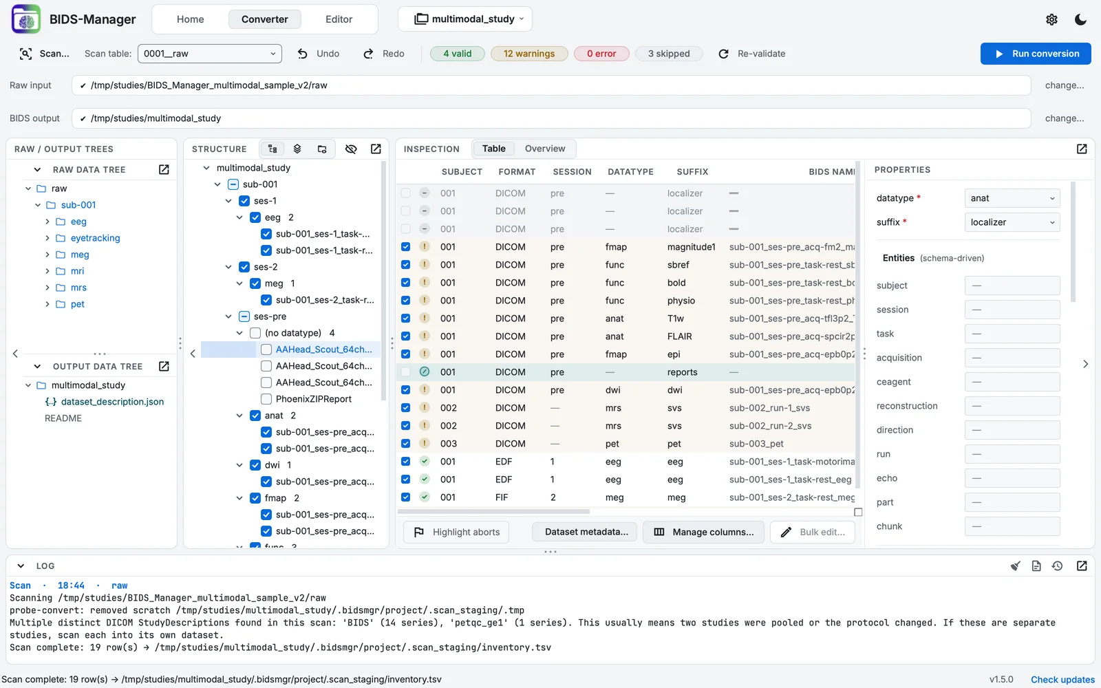The Converter after the scan: 19 rows in the table, the Structure panel's tree, and the counts in the toolbar.