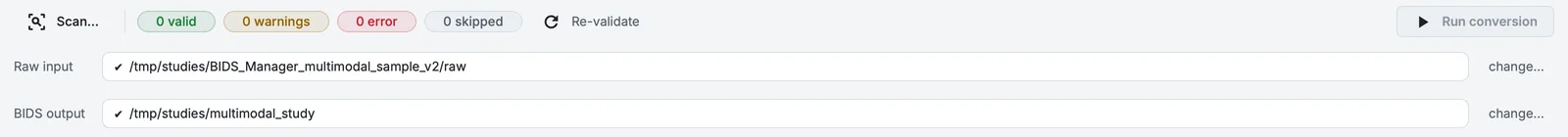 The Converter's toolbar and its two path bars: Raw input names the sample's raw folder, which has not been scanned yet; BIDS output is the project.