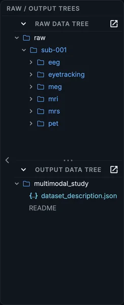 The raw data tree with the sample's folders: eeg, eyetracking, meg, mri, mrs and pet.